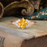 4 Prong Dainty Princess Cut Citrine Enagement Ring Vintage Side Stone Ring